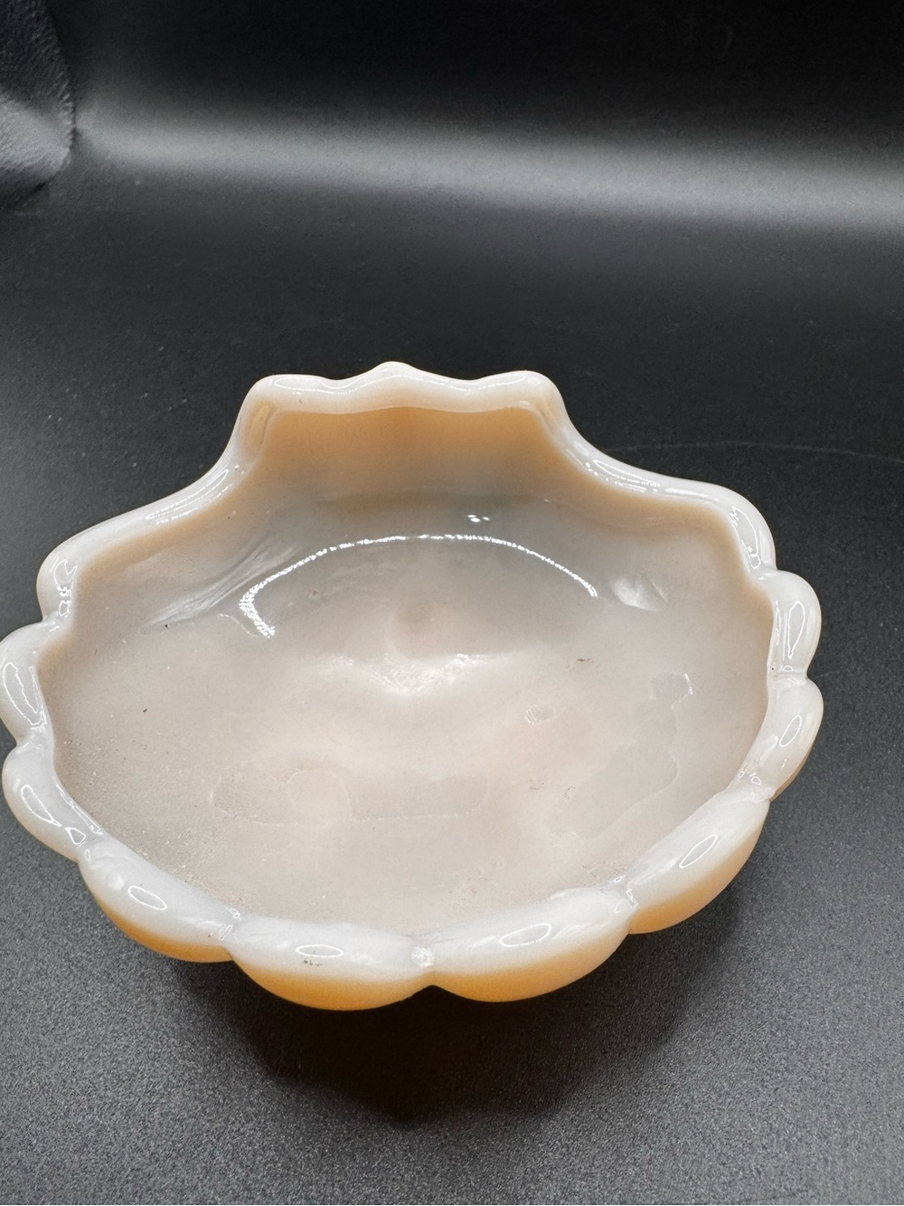 vintage footed clam shell dish, likely made by the Cambridge Glass Company